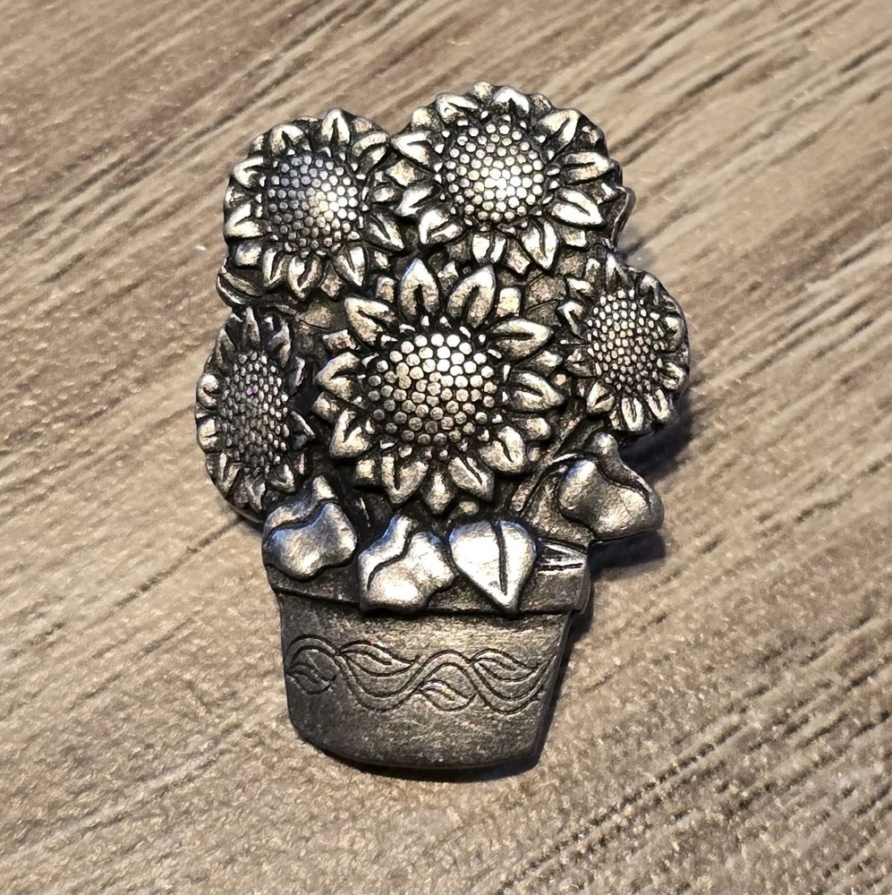 Vintage Birds & Blooms Sunflower Flower Pot Bouquet Brooch Pin LIMITED 2006