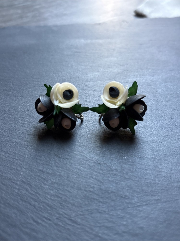 Real Seashell Flower Earrings Vintage White and Black Shells Screw Back Closure