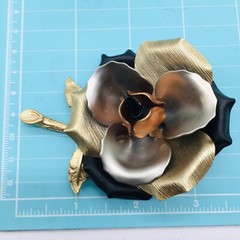 Vintage Gold Tone Cabbage Rose Stem In Black Brown Silver And Gold Brooch 3.5”