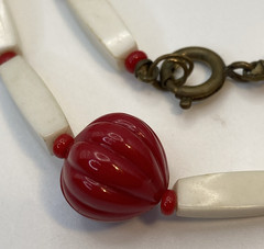 Fun! Red & White Plastic Fruit Salad 34″ Necklace W Dangle Clip Earrings Germany