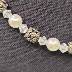 Artisan Made Faux Pearl Crystal Ornate Metal Bead Vintage Necklace 16 Inch
