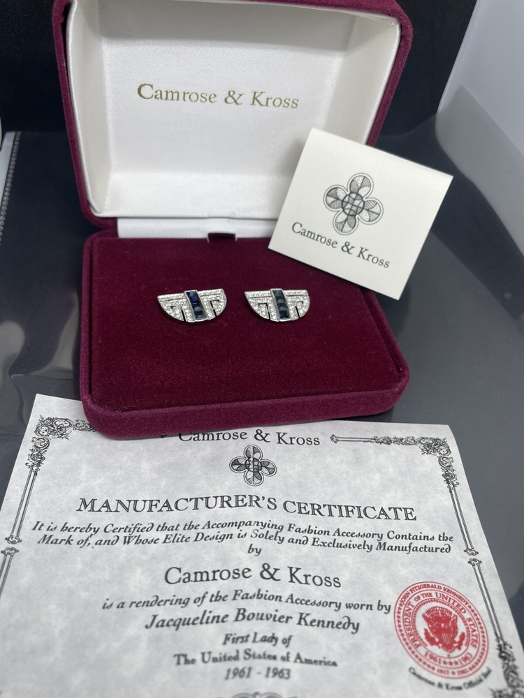 VTG Camrose Kross JBK Silvertone Faux Sapphire Crystals Post Earrings NWOT COA