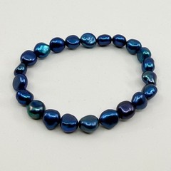 Vintage Blue Peacock Baroque Pearl Stretch Bracelet – Iridescent Boho Charm