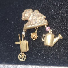 Vintage Cottage Garden Brooch with Wheelbarrow Rose Watering Can Charms