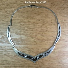 Modernist Albalone & Resin Metal Necklace Vintage 1980s Alpaca Alloy