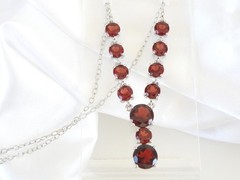 Sterling Silver 925 Natural Garnet Drop V Tennis Necklace