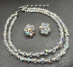 Vintage Aurora Borealis Crystal 2 Double Strand Necklace & Clip-On Earrings Set