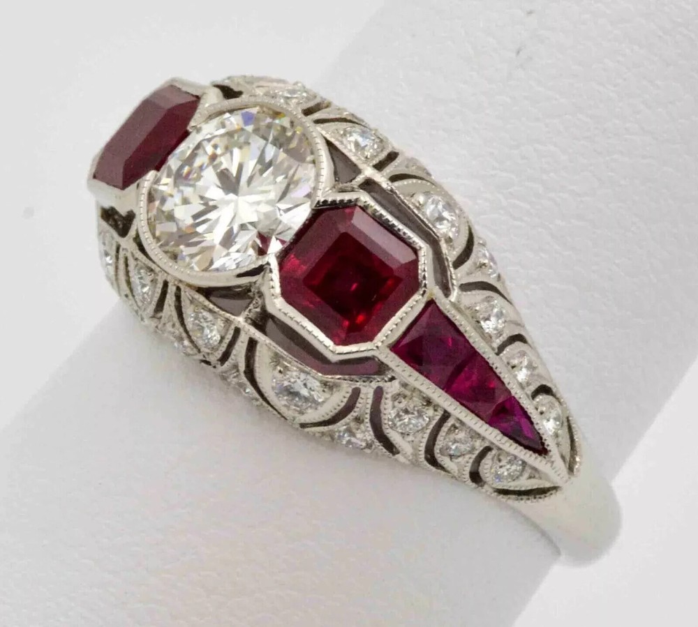 Art Deco Style Round Lab Created Diamond &Ruby 14K White Gold FN Engagement Ring