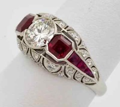 Art Deco Style Round Lab Created Diamond &Ruby 14K White Gold FN Engagement Ring