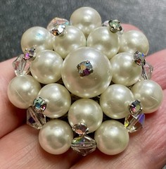 Vintage 1.5” Stacked Faux Pearl AB Crystal Rhinestone Flower Brooch Pin