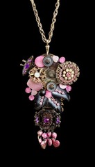 Vintage Signed Sarah Jane Pink & Gold Assemblage Pendant OOAK~1980s