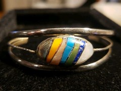Multicolor Stone Inlay Silver Bracelet Cuff 1970’s 1980s Vintage READ