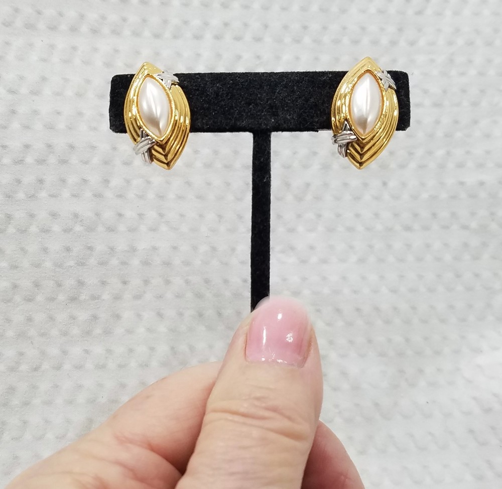 New! Gold Tone and Faux Pearl Cabochon Marquise-Shaped Clip On Earrings