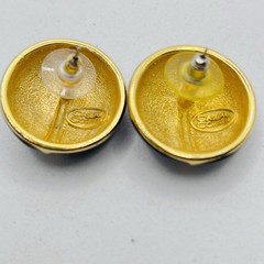 Vtg Casual Corner Enameled Earrings Pierced Round Chunky Black GoldTone Signed
