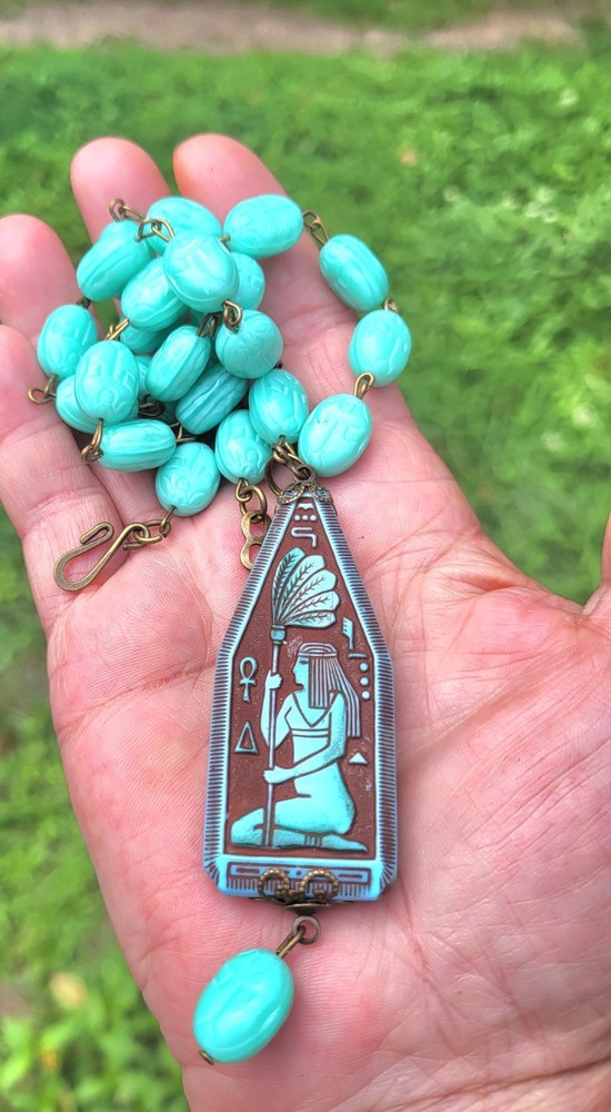 ANTIQUE NEIGER EGYPTIAN REVIVAL PENDANT SCARAB URANIUM GLASS NECKLACE SET OOAK