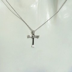 14K White Gold Curved Diamond Cross Necklace, Gold Line Finish, 1 x 1/2 Inch