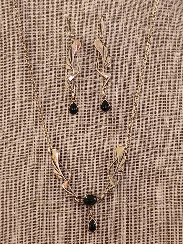 Art Nouveau/Art Deco Vintage Sterling Silver Onyx Necklace & Dangle Earring Set