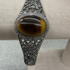 Vintage Bracelet Filigree Silver Tone Tiger Eye Center Stone Adjustable