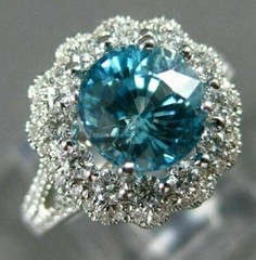 ESTATE LARGE 5.50CT DIAMOND & BLUE ZIRCON 18KT WHITE GOLD FLOWER ENGAGEMENT RING