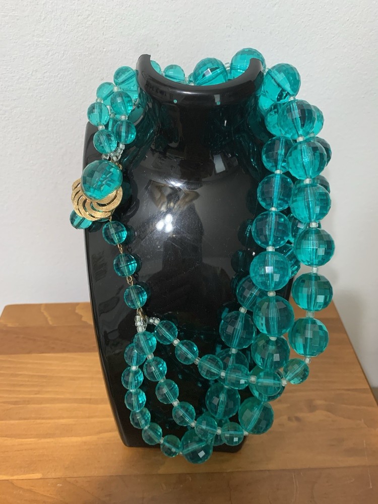 Vintage Graduated Multi Strand Aquamarine Bead Necklace,Fancy Gold Tone Clasp16”