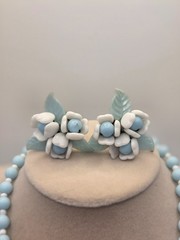 Vintage W. Germany light blue & white bead floral necklace and earrings jewelry