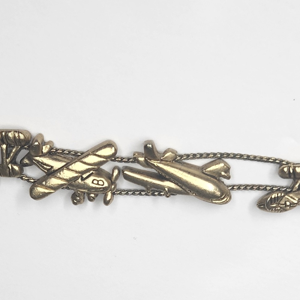 Vintage TOFA Airplane Travel Slider Charm Bracelet Gold Tone 90s