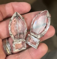 Vintage Pair Of Deco Czech? Clear Crystal Pin Brooch Silver Tone