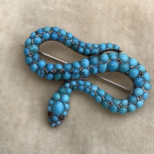 Turquoise, Ruby Eyes Snake Brooch Jewelry 925 Sterling Silver Victorian Jewelry