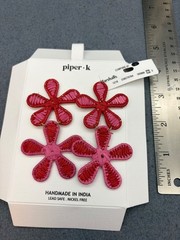 Piper K Flower Pierced Earrings 3.5 In Drop Red Pink Raffia Boho Barbie Retro