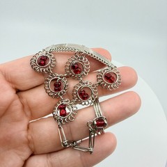 Vintage Y2K Silver Tone Red Glass Bead Slave Bracelet Ring Hand Chain Set Retro