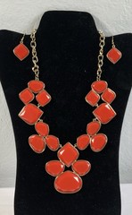Vintage Mika Red Gold Tone Bib Statement Necklace & Earrings Set