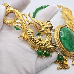 VTG Designer Dragon Statement Necklace, Gold-Tone Metal with Faux Jade Beads