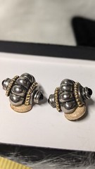 Vintage Fashion Earrings Silver and Gold Tone Onyx Type Stone Clip On 1″ 1.1 Oz