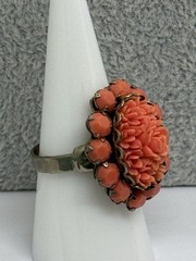 Vintage Orange Carved Resin Flower Ring Size 8 With Surrounding Stones