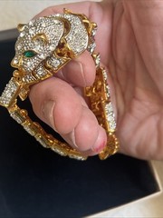 Vintage Articulated Bracelet & Broach Green Eyed Tiger 8″ w/ Rhinestones #JC9