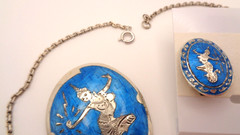 Vintage Sterling Silver Siam Niello Blue Enamel Necklace Brooch Clip Earring Set