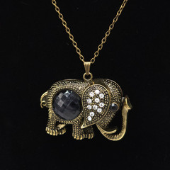 Antiqued Gold Tone Elephant Pendant Necklace Crystal Rhinestone 26in Boho
