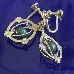 AMCO 14KT Gold Overlay Green Nephrite In A Cage Dangle Screw Back Earrings Bx15