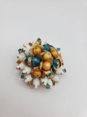 Vintage Jewlery Brooch Earring Set Clip On Gold Blue Beads Women Accessory
