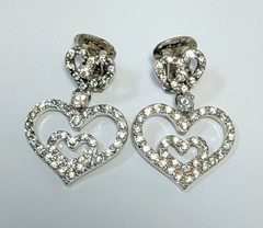 Nolan Miller Signed Crystal Triple Heart Silver Tone Dangle Clip Earrings