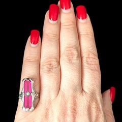 1920s Art Deco Diamond Lab Created Ruby 14 White Gold Cocktail Ring Antique