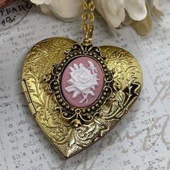 Gold Heart Locket Birthday Anniversary Wedding Pink White Rose Cameo Necklace
