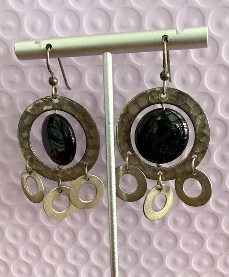 925 Sterling Silver Vintage Black Onyx Hammered Circles Dangle Earrings 2.25 in