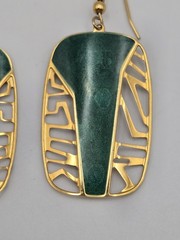 Edgar Berebi Vintage Art Deco Jade Green Enamal Dangling Gold Tone Earrings