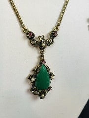 Vintage Unsigned Faux Jade Gems Drop Necklace Earring Set Victorian Style READ