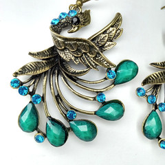 Boho Antique-Bronze Peacock Dangle Statement Earrings Turquoise Rhinestone Drops