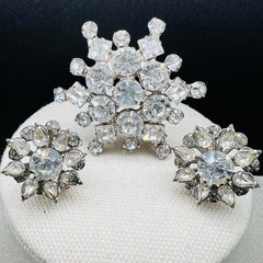 Vintage Clear Rhinestone Atomic Starburst Glam Brooch Screw Back Earrings Set