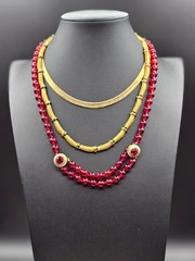 VINTAGE Judith McCann NY Red Glass Bead Gold Tone Necklace 25” GORGEOUS