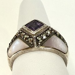 Vintage Estate Sterling Silver Amethyst Marcasite Mother of Pearl Ring size 8.5