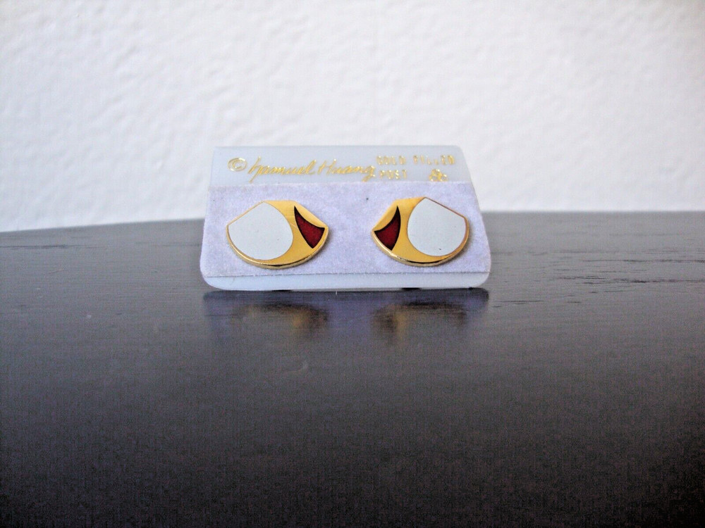 VINTAGE 1970s SAMUEL HUANG DESIGNER CLOISONNE RETRO MOD GRAY & RED STUD EARRINGS